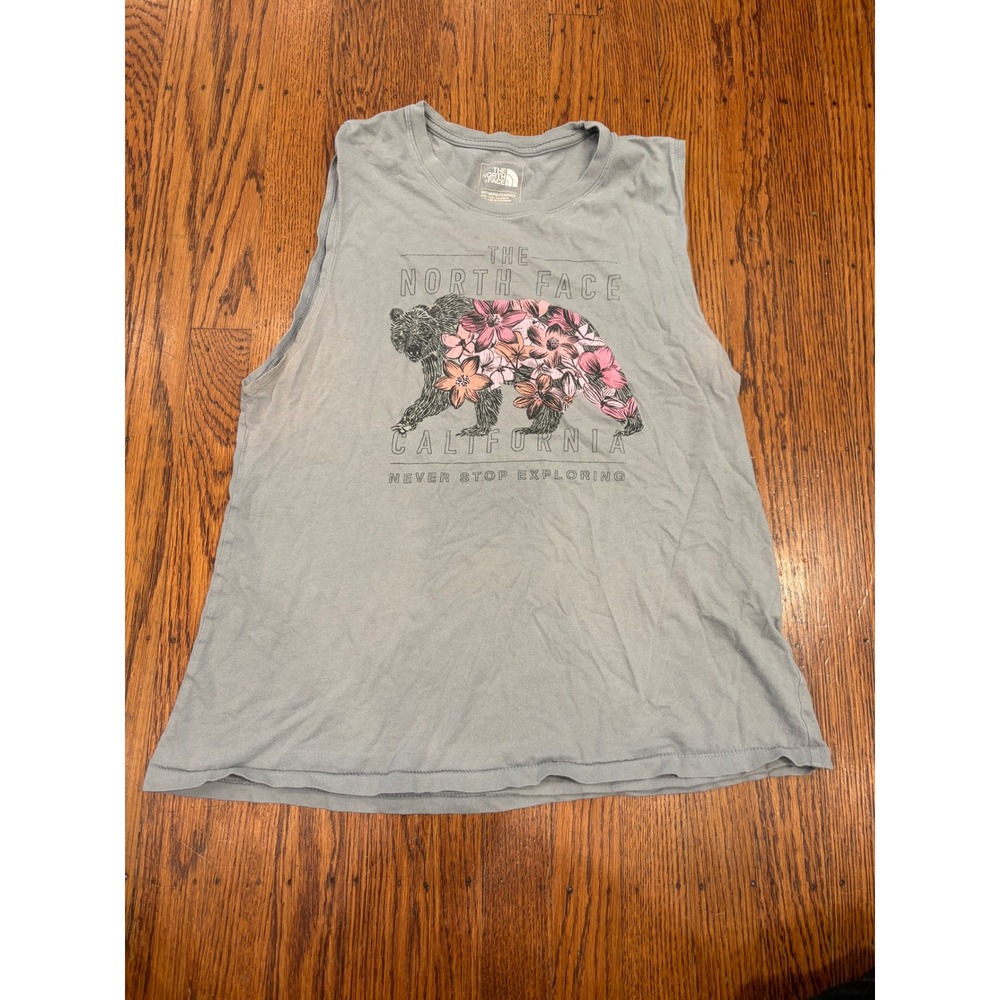 The North Face Womens California Grizzly Bear Floral Muscle Tank Top Blue Medium
